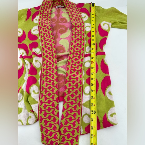 Neve Bright Pink Green Geometric Cotton Open Cardigan Sweater L Boho Mod - Picture 6 of 6